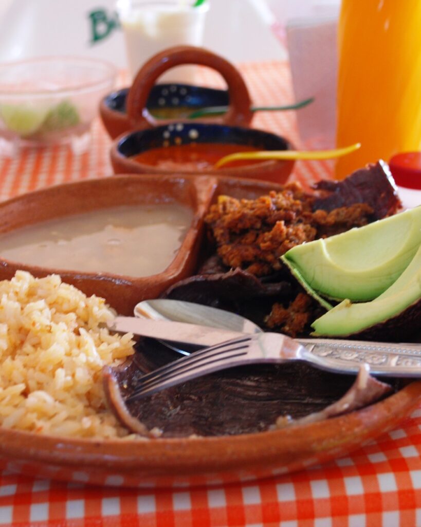Cecina de Yecapixtla con arroz, frijoles y aguacate